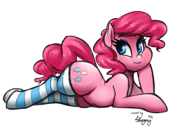 Size: 800x600 | Tagged: safe, artist:php7, artist:phurie edits, edit, character:pinkie pie, species:earth pony, species:pony, adorasexy, belly button, clothing, cute, diapinkes, draw me like one of your french girls, female, lying down, pinup, prone, sexy, simple background, socks, solo, striped socks, transparent background