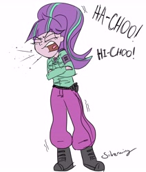 Size: 6000x7071 | Tagged: safe, artist:silverwing, artist:sudosnz, edit, character:starlight glimmer, my little pony:equestria girls, absurd resolution, army, boots, clothing, cold, colored, female, military, shivering, sick, sneeze cloud, sneezing, solo, starlight himmler, uniform