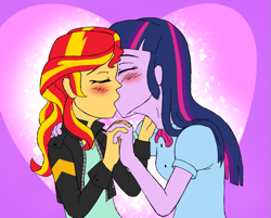 Size: 973x781 | Tagged: safe, artist:catlover1672, character:sunset shimmer, character:twilight sparkle, character:twilight sparkle (alicorn), species:alicorn, ship:sunsetsparkle, equestria girls:rainbow rocks, g4, my little pony: equestria girls, my little pony:equestria girls, blushing, bow tie, clothing, eyes closed, female, heart, holding hands, jacket, kissing, leather jacket, lesbian, purple background, shipping, simple background