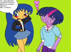 Size: 2338x1700 | Tagged: safe, artist:t-mack56, character:flash sentry, character:twilight sparkle, oc:dusk shine, ship:flashlight, my little pony:equestria girls, 1000 hours in ms paint, dialogue, duskflare, equestria guys, female, flare warden, green background, heart eyes, kiss mark, male, ms paint, rule 63, shipping, simple background, straight, wingding eyes