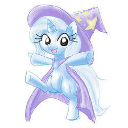 Size: 640x640 | Tagged: safe, artist:remyroez, character:trixie, species:pony, species:unicorn, cape, clothing, female, hat, mare, simple background, solo, standing, standing on one leg, trixie's cape, trixie's hat, white background