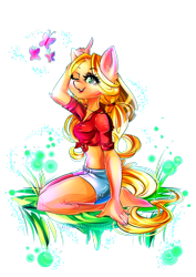 Size: 2893x4092 | Tagged: safe, artist:minamikoboyasy, character:applejack, species:anthro, belly button, butterfly, clothing, female, front knot midriff, midriff, shorts, simple background, solo, transparent background, wink