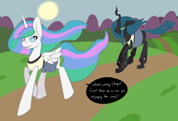 Size: 1000x683 | Tagged: safe, artist:koportable, character:princess celestia, character:queen chrysalis, ship:chryslestia, blushing, dialogue, eyes on the prize, running, shipping, tennis