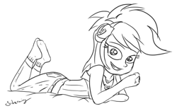 Size: 1024x643 | Tagged: safe, artist:silverwing, character:lyra heartstrings, my little pony:equestria girls, ass, breasts, cleavage, clothing, cute, dimples of venus, feet, female, headband, jeans, legs, lineart, looking at you, lyrabetes, monochrome, prone, sketch, smiling, smiling at you, socks