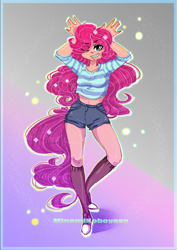 Size: 2893x4092 | Tagged: safe, artist:minamikoboyasy, character:pinkie pie, species:human, belly button, clothing, converse, female, humanized, midriff, socks, solo, tailed humanization