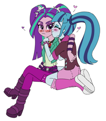 Size: 718x823 | Tagged: safe, artist:catlover1672, character:aria blaze, character:sonata dusk, ship:arisona, my little pony:equestria girls, blushing, female, heart, lesbian, shipping, snuggling