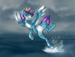 Size: 1024x768 | Tagged: safe, artist:rflzqt, oc, oc only, oc:tidal wave, species:alicorn, species:pony, alicorn oc, crown, flying, horn, male, smiling, solo, stallion, wings