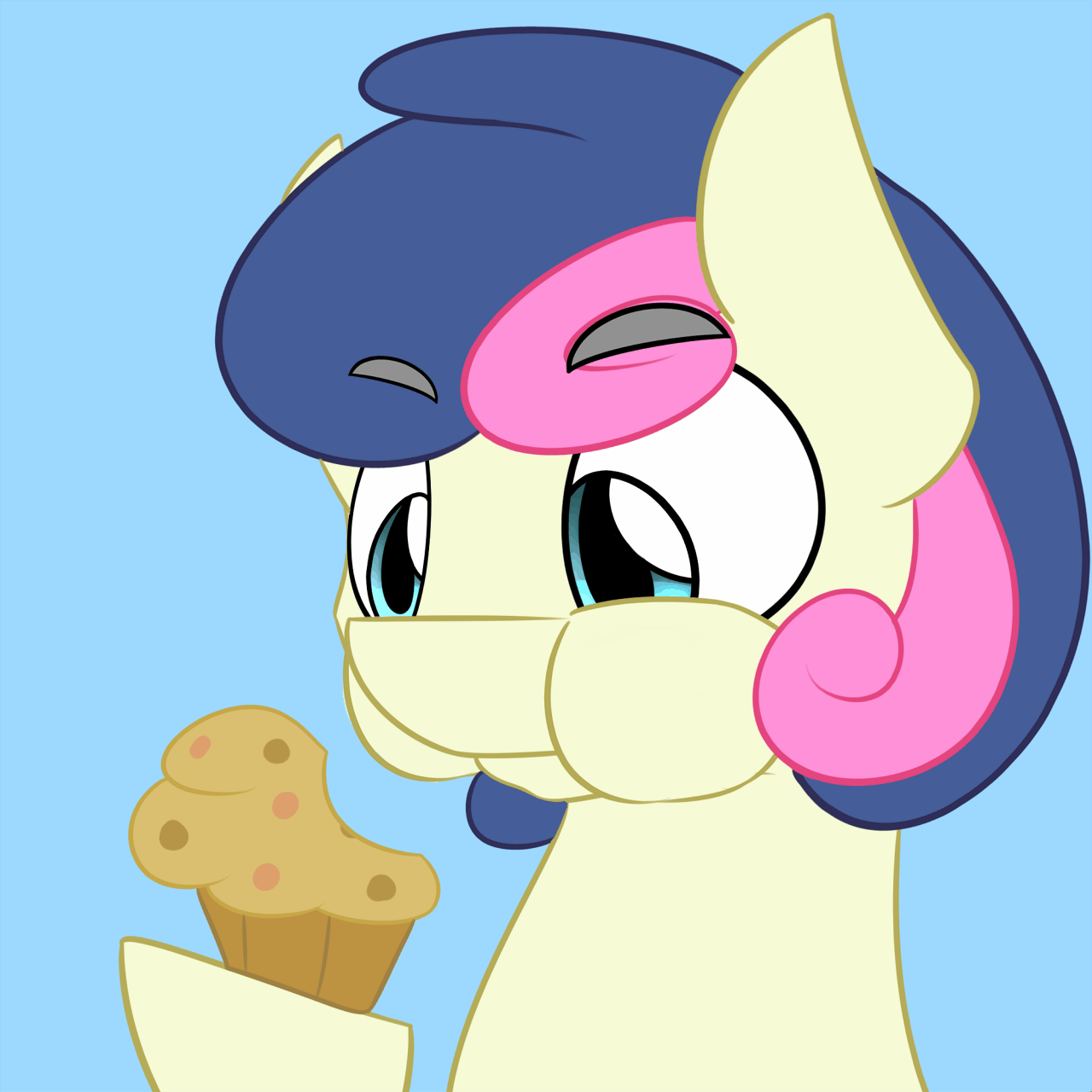 Size: 1280x1280 | Tagged: safe, artist:aidraws, character:bon bon, character:sweetie drops, animated, chewing, muffin, rule 63