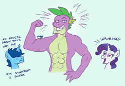 Size: 2000x1368 | Tagged: safe, artist:greenlinzerd, character:rarity, character:spike, oc, oc:bcw, species:anthro, ship:sparity, abs, beefspike, collarbone, denial, dreamworks face, female, flexing, hair over eyes, hand on hip, heart eyes, hidden eyes, male, muscles, older, shipping, straight, wahaha, wingding eyes