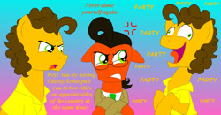 Size: 1024x531 | Tagged: safe, artist:crazynutbob, character:cheese sandwich, oc, oc:tomato sandwich, annoyed, clone, derp, duality, party, ponidox, self ponidox