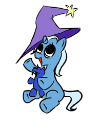 Size: 642x813 | Tagged: safe, artist:rubrony, character:trixie, species:pony, species:unicorn, clothing, cute, diatrixes, female, filly, foal, happy, hat, open mouth, pointing, simple background, sitting, smiling, solo, teddy bear, underhoof, ursa minor, ursa plush, white background, younger