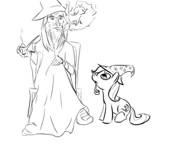 Size: 1200x1000 | Tagged: safe, artist:rubrony, character:trixie, chair, crossover, frown, gandalf, lidded eyes, looking up, lord of the rings, monochrome, mouth hold, pipe, sitting, smoke, smoking, unamused
