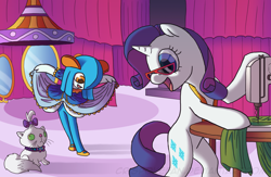 Size: 2300x1500 | Tagged: safe, artist:crispokefan, character:opalescence, character:rarity, carousel boutique, clothing, crossover, dress, kirlia, pokémon