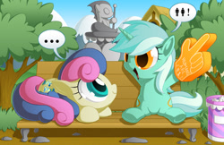 Size: 1700x1100 | Tagged: safe, artist:berrypawnch, character:bon bon, character:lyra heartstrings, character:sweetie drops, species:earth pony, species:pony, species:unicorn, ..., adorabon, bench, berrypawnch is trying to murder us, big eyes, caption, confused, cute, dialogue, duo, duo female, english, female, foam finger, hand, huge eyes, implied human, looking at each other, looking up, lying down, lyrabetes, meme, open mouth, prone, raised arm, raised leg, sitting, sitting lyra, smiling, speech bubble, statue, that pony sure does love humans, trash can, tree, underhoof, wide eyes