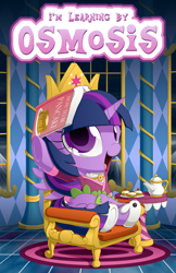 Size: 1100x1700 | Tagged: safe, artist:berrypawnch, character:spike, character:twilight sparkle, character:twilight sparkle (alicorn), species:alicorn, species:pony, book, book hat, bunny slippers, chibi, clothing, cookie, cute, female, food, mare, pancakes, sleeping, slippers