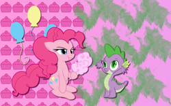 Size: 2560x1600 | Tagged: safe, artist:alicehumansacrifice0, character:pinkie pie, character:spike, cotton candy, duo, eating, female, hoof hold, male, wallpaper, wavy mouth