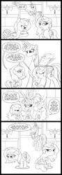 Size: 1560x4400 | Tagged: safe, artist:sketchyjackie, character:princess celestia, character:princess luna, oc, oc:fausticorn, argument, cewestia, clipboard, comic, cute, eyes closed, filly, lauren faust, levitation, lineart, magic, monochrome, nose wrinkle, raised hoof, sibling rivalry, time out, underhoof, wisdom of solomon, woona