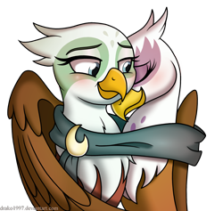Size: 2014x1913 | Tagged: safe, artist:drako1997, character:gilda, character:greta, species:griffon, episode:the lost treasure of griffonstone, g4, my little pony: friendship is magic, blushing, clothing, eyes closed, female, grelda, lesbian, scarf, shared clothing, shared scarf, shipping, simple background, smiling, transparent background