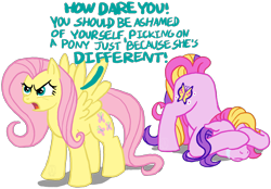 Size: 1552x1080 | Tagged: safe, artist:anscathmarcach, character:fluttershy, character:fluttershy (g3), species:pegasus, species:pony, g3, angry, crying, dialogue, female, fluttershy (g3), hiding, hiding behind hooves, mare, ponidox, ponies defending previous generation, self ponidox, simple background, spread wings, transparent background, wings