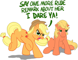 Size: 1392x1078 | Tagged: safe, artist:anscathmarcach, character:applejack, character:applejack (g1), species:earth pony, species:pony, g1, angry, applebucking, applebucking thighs, applejack's hat, bucking, clothing, cowboy hat, crying, dialogue, female, generational ponidox, hat, imminent pain, mare, ponidox, ponies defending previous generation, sad, silly, silly pony, stetson, this will end in pain, this will not end well, who's a silly pony