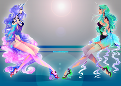 Size: 4092x2893 | Tagged: safe, artist:minamikoboyasy, character:nightmare moon, character:princess luna, character:queen chrysalis, species:human, horned humanization, humanized