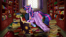 Size: 1600x900 | Tagged: safe, artist:szafir87, character:twilight sparkle, character:twilight sparkle (alicorn), species:alicorn, species:pony, book, female, library, mare, reading, solo