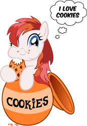 Size: 4038x5841 | Tagged: safe, anonymous artist, artist:filpapersoul, artist:owlisun, oc, oc only, oc:jessy heartfire, :t, absurd resolution, cookie, cookie jar, cookie jar pony, cute, eating, food, happy, hoof hold, leaning, puffy cheeks, simple background, smiling, solo, thought bubble, transparent background, vector