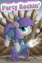 Size: 1000x1500 | Tagged: safe, artist:berrypawnch, character:maud pie, balloon, cannon, clothing, cute, female, hat, maudabetes, party cannon, party hat, party horn, rock, smiling, solo, when she smiles