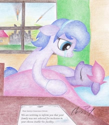 Size: 1024x1175 | Tagged: safe, artist:thechrispony, oc, oc only, fallout equestria, balefire bomb, crying, grammar error, imminent death, sad, sleeping, traditional art