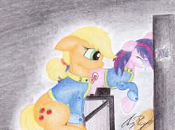 Size: 1023x756 | Tagged: safe, artist:thechrispony, character:applejack, oc, species:earth pony, species:pony, fallout equestria, clothing, crying, fanfic, fanfic art, female, floppy ears, hat, hatless, hooves, mare, ministry mares, missing accessory, sad, stable 2, traditional art