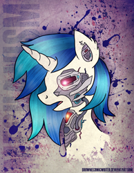 Size: 2100x2700 | Tagged: safe, artist:greenlinzerd, character:dj pon-3, character:vinyl scratch, abstract background, cyberpunk, cyborg, ear fluff, female, futuristic, glowing eyes, grunge, lens flare, paint splatter, portrait, solo