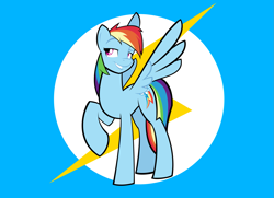 Size: 1999x1448 | Tagged: safe, artist:rubbermage, character:rainbow dash, backwards cutie mark, female, raised hoof, smiling, solo, spread wings, wings