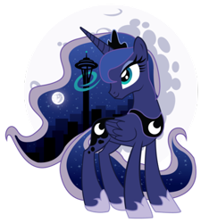Size: 400x427 | Tagged: safe, artist:xkappax, character:princess luna, emerald city comicon, female, mare in the moon, moon, seattle, solo, space needle