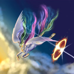 Size: 3508x3508 | Tagged: safe, artist:kirillk, character:princess celestia, species:alicorn, species:pony, female, flying, magic, mare, solo