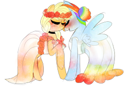 Size: 2800x1900 | Tagged: safe, artist:misspolycysticovary, character:applejack, character:rainbow dash, ship:appledash, alternate hairstyle, blushing, clothing, dress, eyes closed, female, floral head wreath, lesbian, loose hair, marriage, shipping, simple background, transparent background, wedding