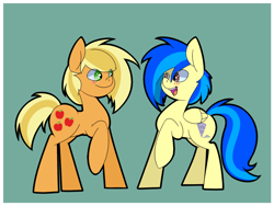 Size: 1000x750 | Tagged: safe, artist:koportable, character:applejack, oc, oc:silvia, species:earth pony, species:pegasus, species:pony, alternate hairstyle, cloud, looking at each other, open mouth, raised hoof, smiling