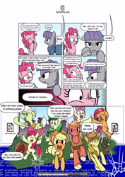Size: 1024x1450 | Tagged: safe, artist:burning-heart-brony, character:apple bloom, character:apple bumpkin, character:apple fritter, character:applejack, character:babs seed, character:big mcintosh, character:braeburn, character:granny smith, character:maud pie, character:pinkie pie, character:winona, species:dog, species:earth pony, species:pony, accent, apple family member, background pony, blue screen of death, breaking the fourth wall, comic, eeyup, female, it runs in the family, male, mare, no fourth wall, oh god, stallion, xk-class end-of-the-world scenario, y'all