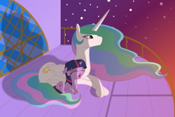 Size: 9000x6000 | Tagged: safe, artist:bri-sta, artist:mamandil, character:princess celestia, character:twilight sparkle, absurd resolution, crossed legs, cute, cutelestia, filly, filly twilight sparkle, flowing mane, flowing tail, missing accessory, momlestia, sunset, sweet dreams fuel, teacher and student, twiabetes, twilight (astronomy), twilight cat, yawn