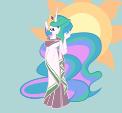 Size: 1623x1494 | Tagged: safe, artist:rubbermage, character:princess celestia, species:anthro, female, robe, simple background, smiling, solo
