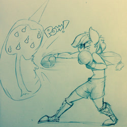 Size: 1280x1280 | Tagged: safe, artist:rockyhardwood, character:applejack, species:anthro, boxing, boxing gloves, clothing, converse, female, midriff, monochrome, punching bag, shorts, solo, sports bra, traditional art