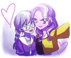 Size: 618x501 | Tagged: safe, artist:nmnkgskds, character:diamond tiara, character:silver spoon, ship:silvertiara, my little pony:equestria girls, cute, female, glasses, heart, lesbian, pixiv, selfie, shipping