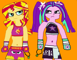 Size: 1736x1350 | Tagged: safe, artist:shafty817, character:aria blaze, character:sunset shimmer, my little pony:equestria girls, 1000 hours in ms paint, 30 minute art challenge, boxing, clothing, daughter, exeron fighters, exeron gloves, ms paint, pendant, ponied up, pony ears, sports bra, trunks