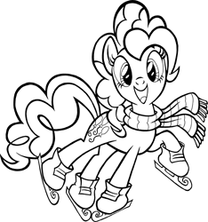 Size: 2550x2720 | Tagged: safe, artist:tygerbug, character:pinkie pie, clothing, coloring page, female, high res, ice skates, ice skating, monochrome, scarf, skates, smiling, solo