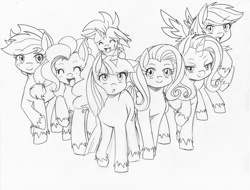 Size: 1970x1500 | Tagged: safe, alternate version, artist:boastudio, artist:rmzero, character:applejack, character:fluttershy, character:pinkie pie, character:rainbow dash, character:rarity, character:spike, character:twilight sparkle, species:earth pony, species:pegasus, species:pony, species:unicorn, alternate design, hooves, lineart, mane seven, mane six, ponified, ponified spike, species swap, unicornio de doble cola, wip