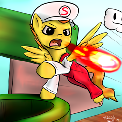Size: 1000x1000 | Tagged: safe, artist:m_d_quill, character:spitfire, clothing, female, fire, fire breath, fire flower, fun, hat, overalls, power-up, pun, solo, spitfiery, super mario bros.