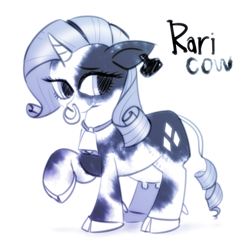 Size: 640x640 | Tagged: safe, artist:remyroez, character:rarity, species:cow, species:pony, species:unicorn, bell, bell collar, cloven hooves, collar, cow pony, cowbell, cowified, ear tag, female, mare, monochrome, nose ring, piercing, raised hoof, raricow, species swap, udder