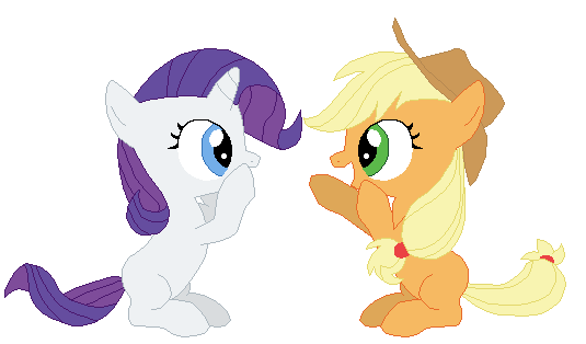 Size: 535x314 | Tagged: safe, artist:tomdantherock, character:applejack, character:rarity, species:earth pony, species:pony, species:unicorn, animated, blinking, clothing, duo, female, filly, foal, gif, hat, hoofbump, looking at each other, missing freckles, pattycakes, simple background, sitting, smiling, transparent background, younger