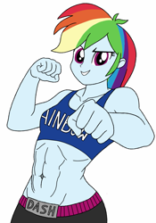 Size: 897x1280 | Tagged: safe, artist:blondenobody, character:rainbow dash, my little pony:equestria girls, abs, alternate costumes, belly button, clothing, female, midriff, muscles, rainbuff dash, solo, sports bra