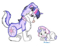 Size: 1895x1465 | Tagged: safe, artist:silversimba01, character:sweetie belle, character:twilight sparkle, species:dog, species:pony, species:unicorn, collar, dogified, duo, female, parody, puppy, species swap, traditional art, twilight barkle