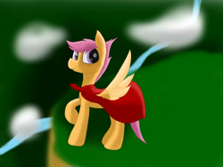 Size: 1600x1200 | Tagged: safe, artist:flashiest lightning, character:scootaloo, species:pegasus, species:pony, cape, cliff, clothing, cloud, cmc cape, female, filly, smiling, solo